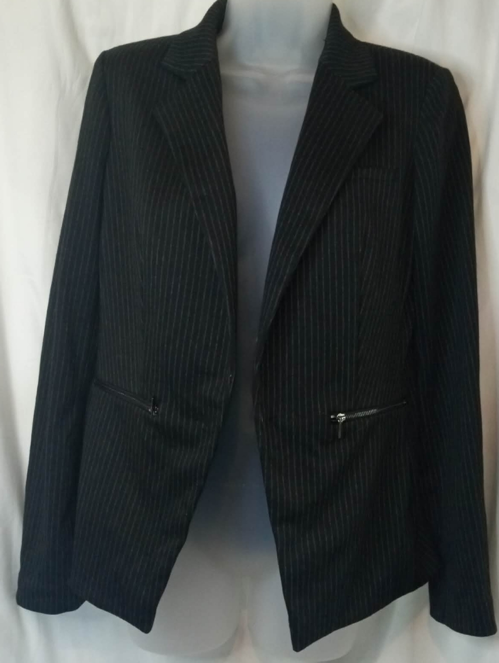 Calvin Klein Black Pinstripe Blazer Office Jacket Classic Zip Pockets 4 Jacket